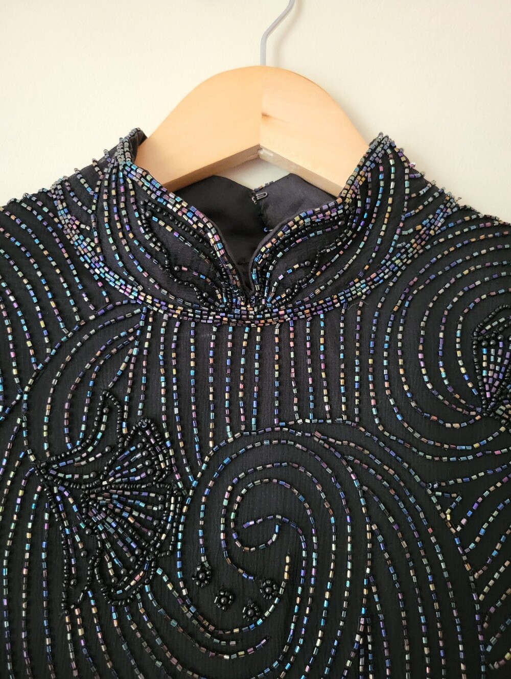 Vintage 90s Glam Goth Beaded Silk Mock Neck Top Black Short Sleeve Blouse Medium - Picture 4 of 9
